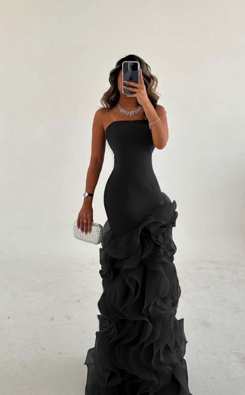 Strapless Satin Tulle Ruffles Floor-Length Mermaid Evening Dress