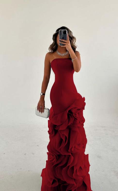 Strapless Satin Tulle Ruffles Floor-Length Mermaid Evening Dress