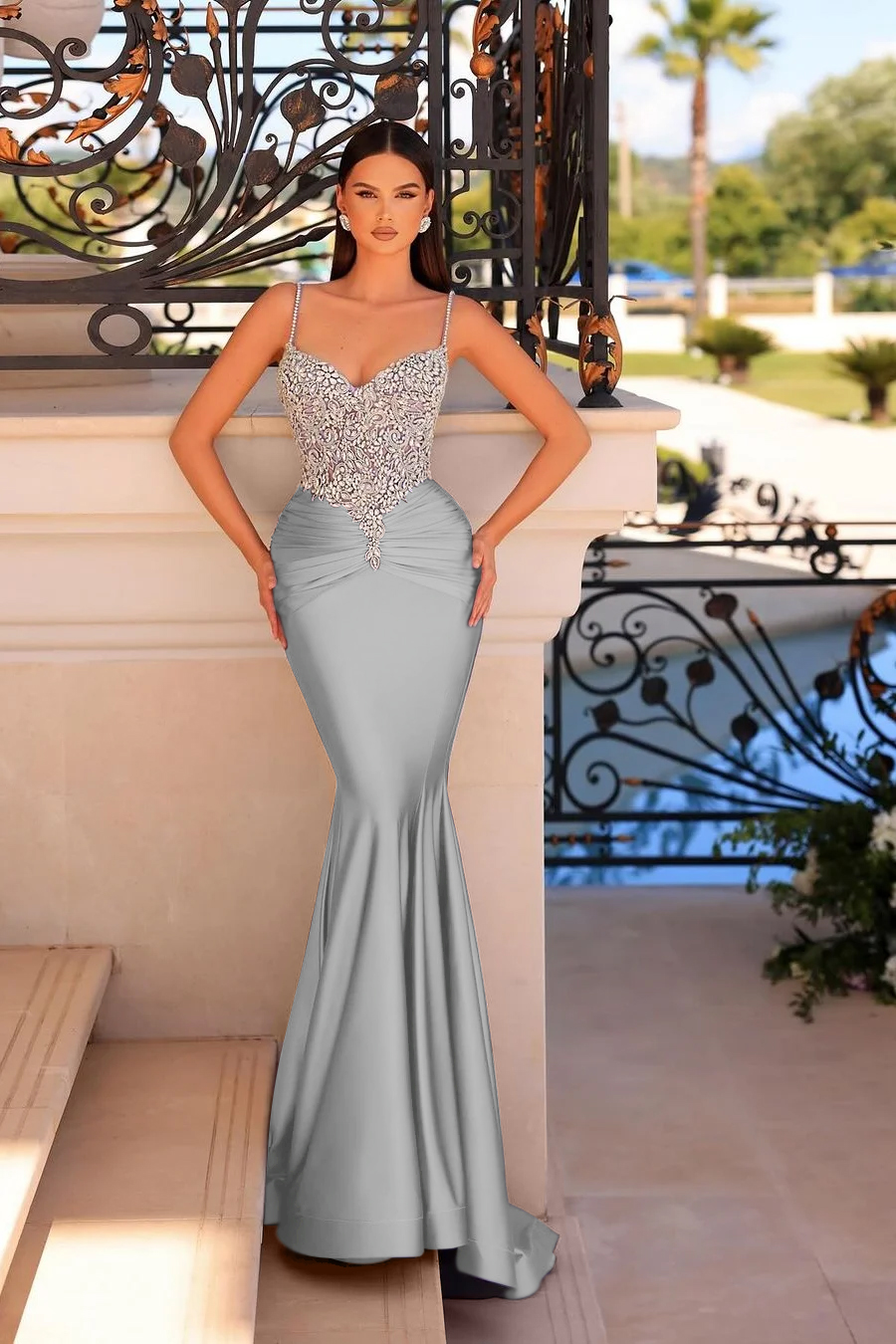 [Copy]Long Sleeves Sequin Beadings Floor-Length Mermaid Prom Dress with Feathers
