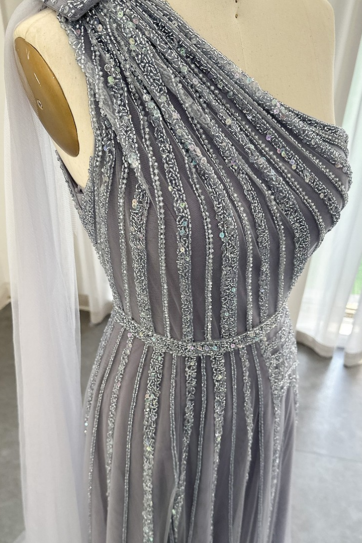 One-Shoulder Sleeveless Sequins Long Beaded A-Line Evening Gowns