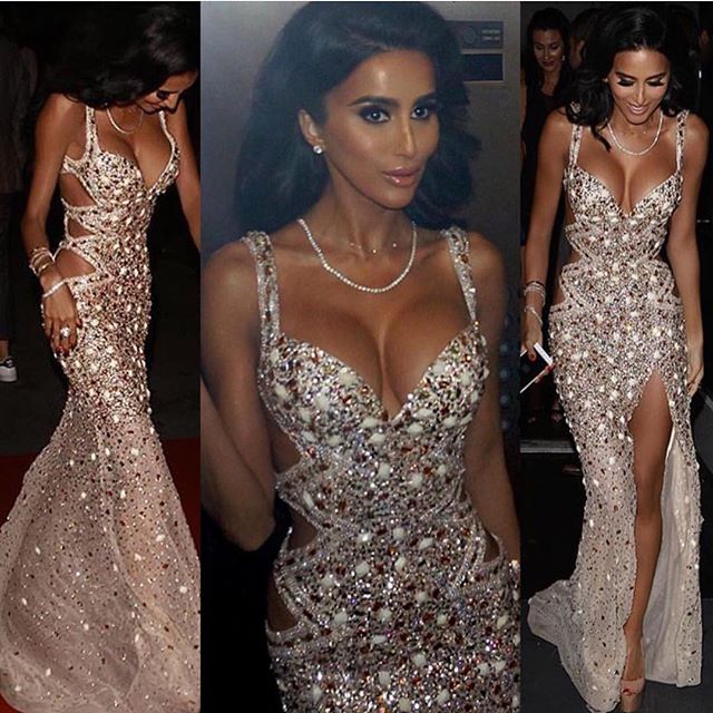 Stylish Spaghetti Straps Rhinestones Sleeveless Front Split Sheath Prom Dresses