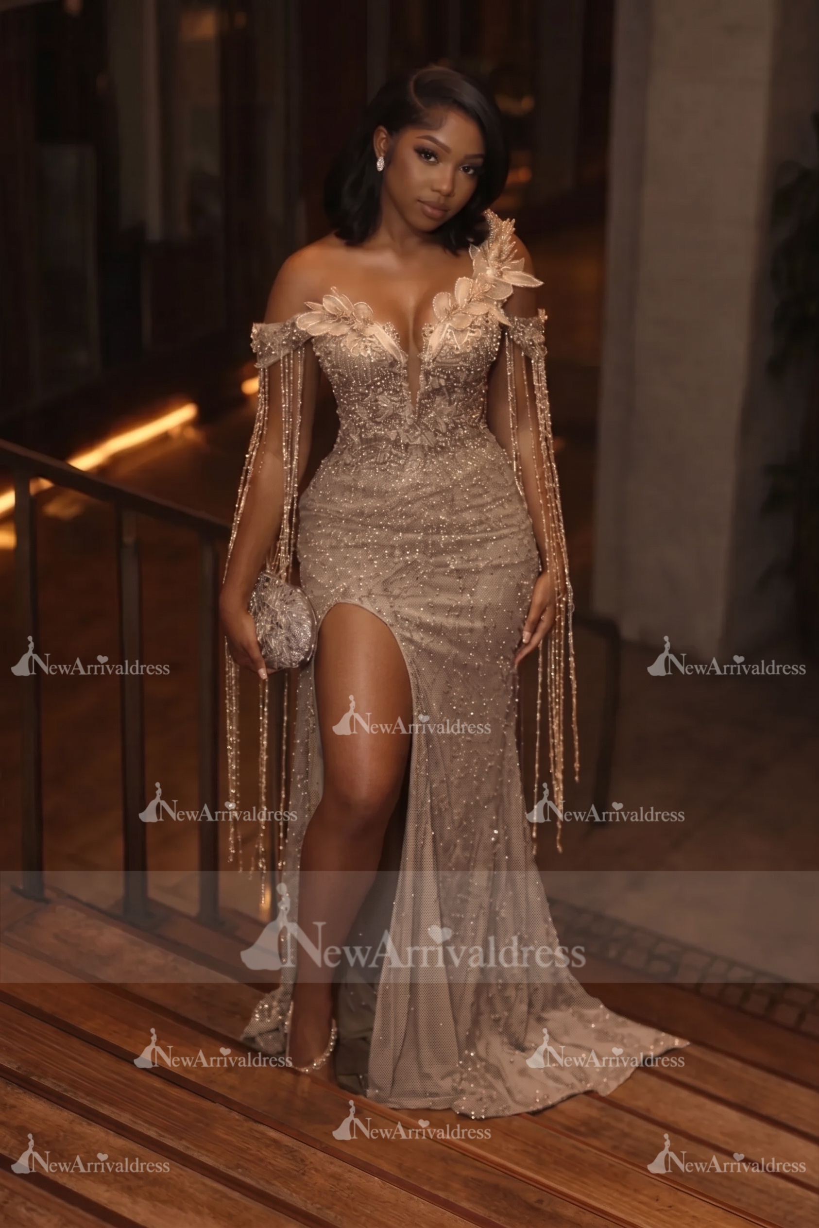 Asymmetric  Sequins Prom Dress Sleeveless Mermaid Gold Evening Gown with Tassels