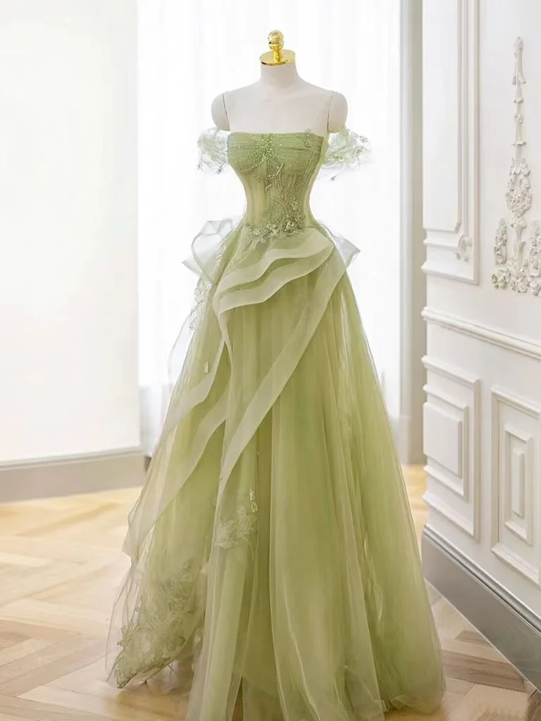 Off-the-Shoulder Beaded Appliques Tulle Long A-Line Evening Dress