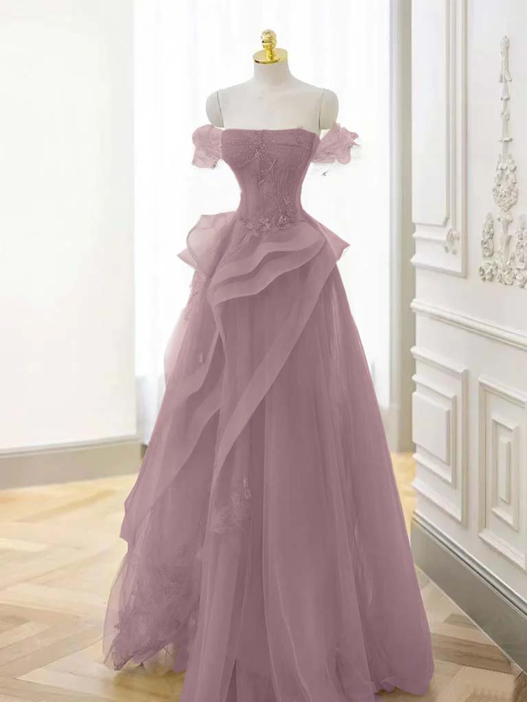 Off-the-Shoulder Beaded Appliques Tulle Long A-Line Evening Dress