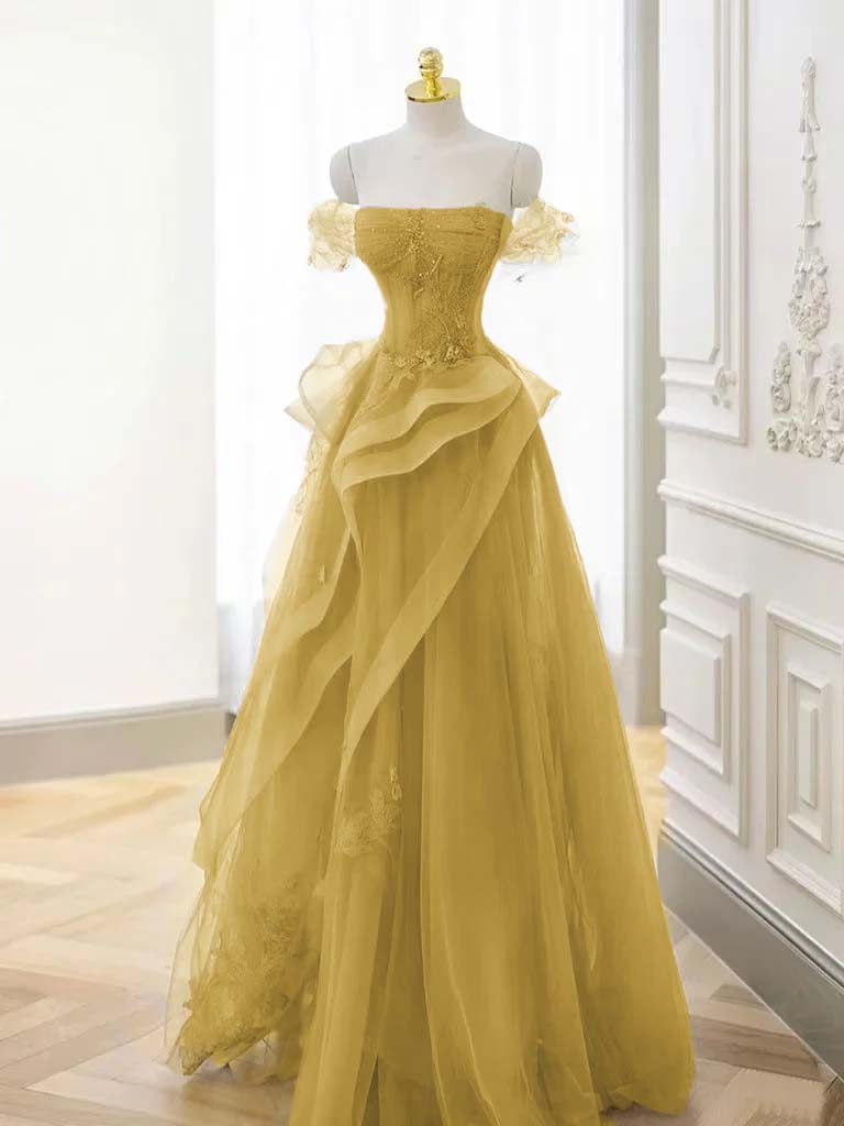 Off-the-Shoulder Beaded Appliques Tulle Long A-Line Evening Dress