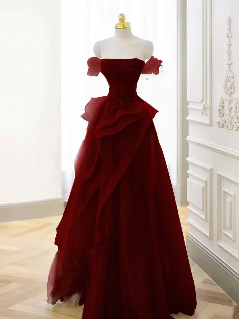 Off-the-Shoulder Beaded Appliques Tulle Long A-Line Evening Dress