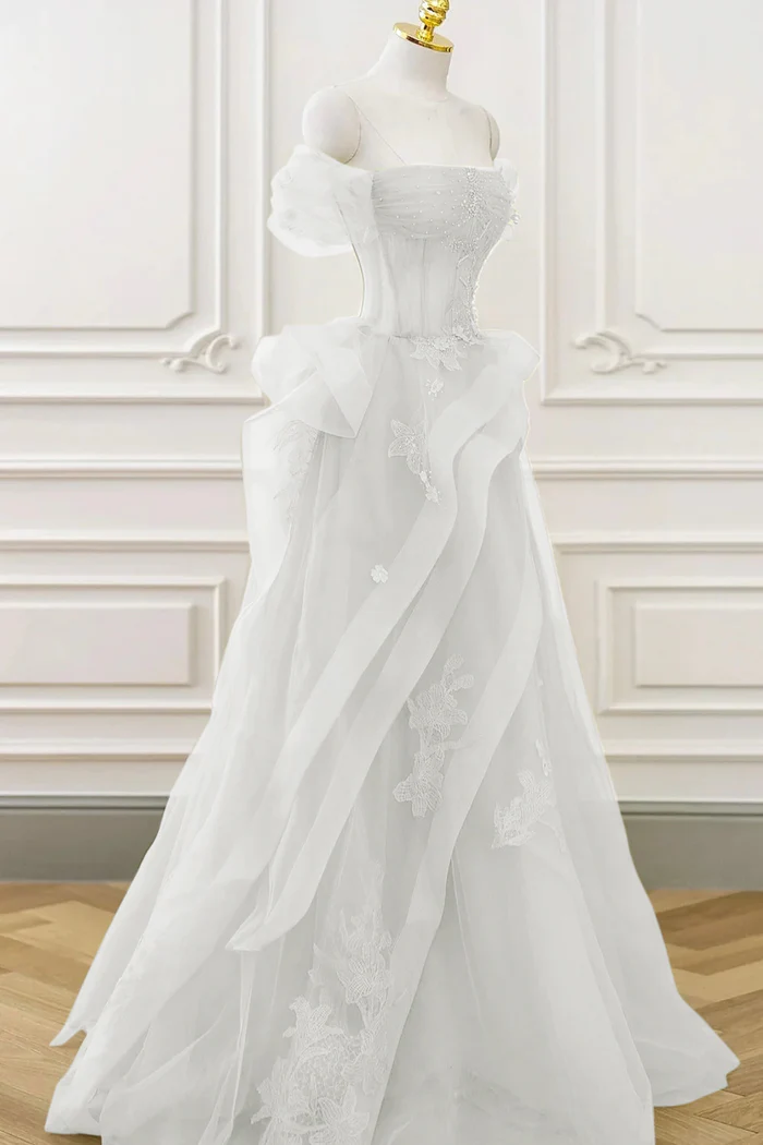 Off-the-Shoulder Beaded Appliques Tulle Long A-Line Evening Dress
