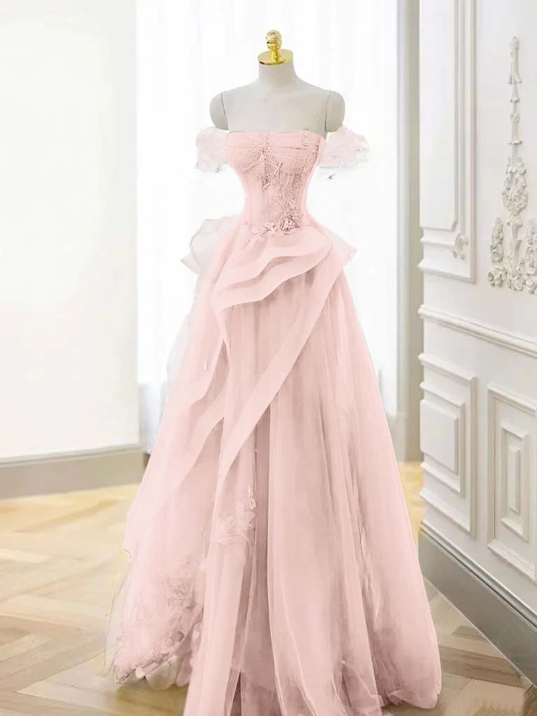 Off-the-Shoulder Beaded Appliques Tulle Long A-Line Evening Dress