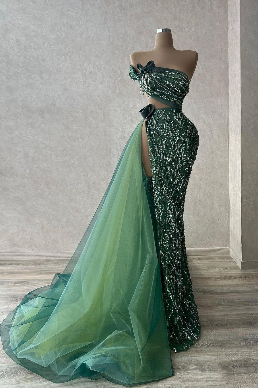 Green Strapless Satin Beaded Ruched Floor-Length Tulle Mermaid Evening Dress with Split