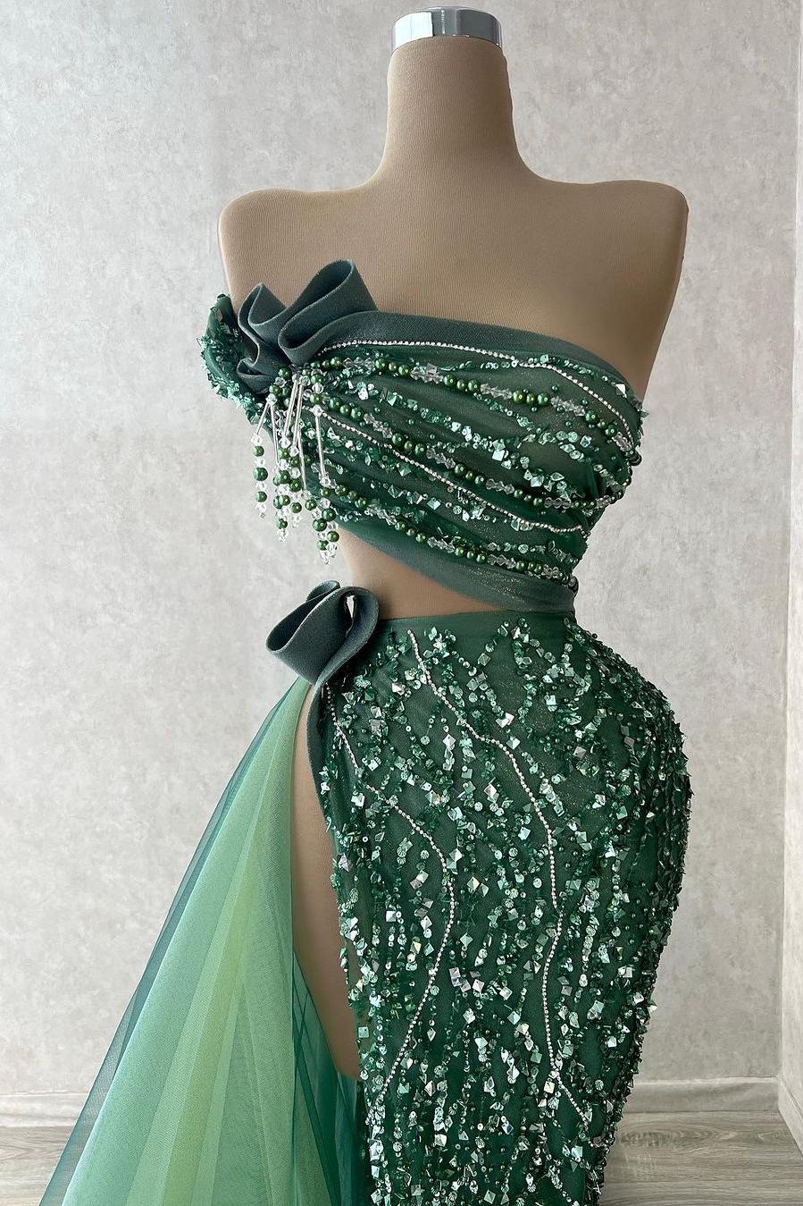 Green Strapless Satin Beaded Ruched Floor-Length Tulle Mermaid Evening Dress with Split