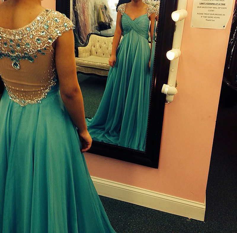 Turquoise Crystals Chiffon Prom Dresses A-line Ruched Sheer Back Evening Gowns