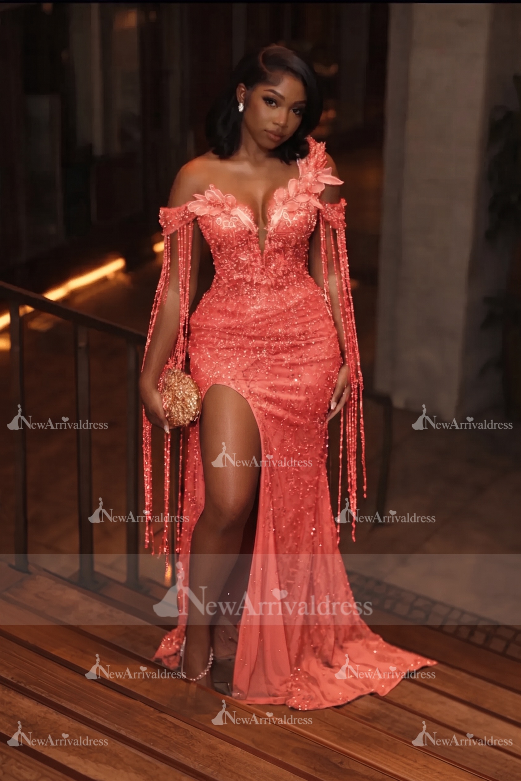 Asymmetric  Sequins Prom Dress Sleeveless Mermaid Gold Evening Gown with Tassels