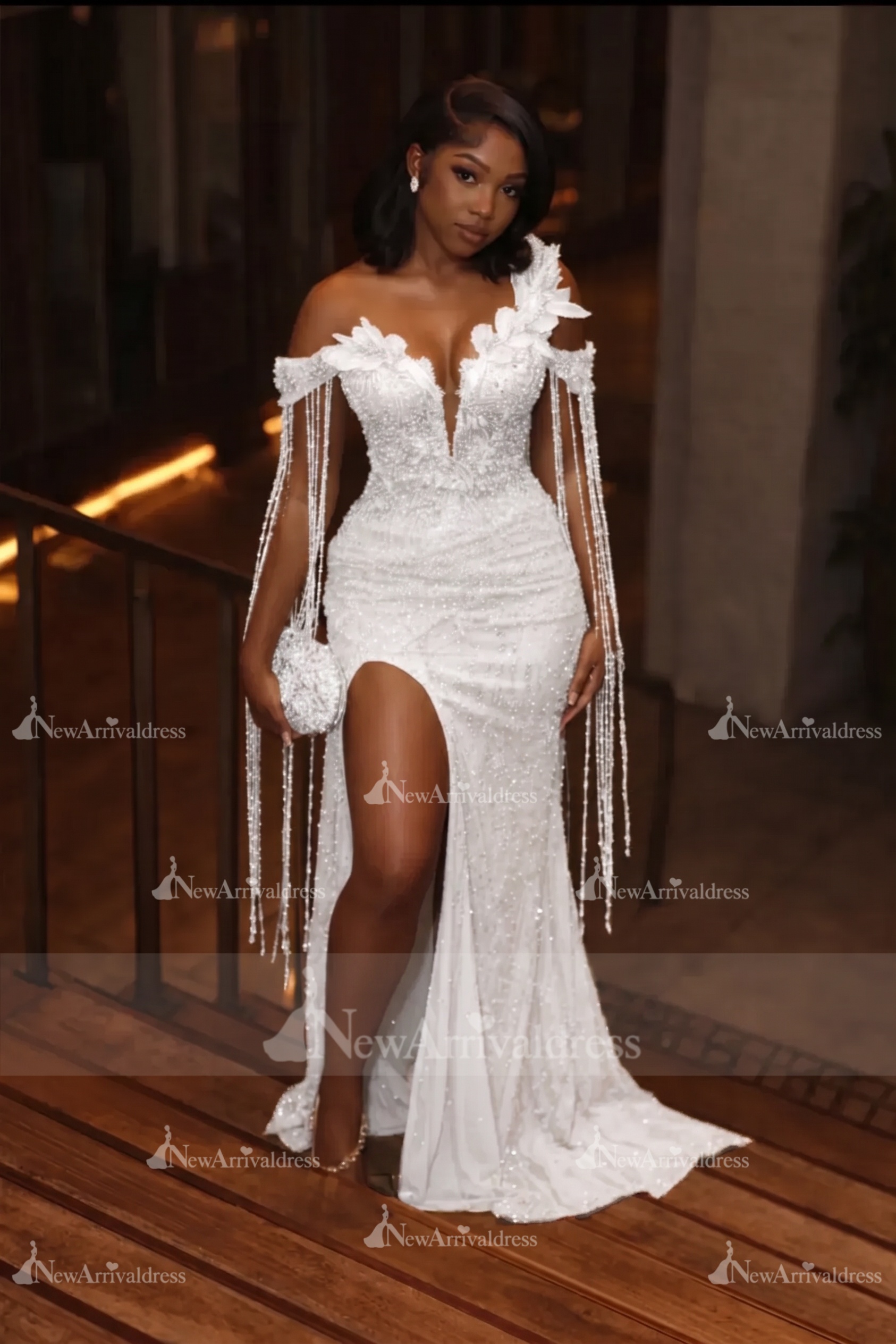 Asymmetric  Sequins Prom Dress Sleeveless Mermaid Gold Evening Gown with Tassels