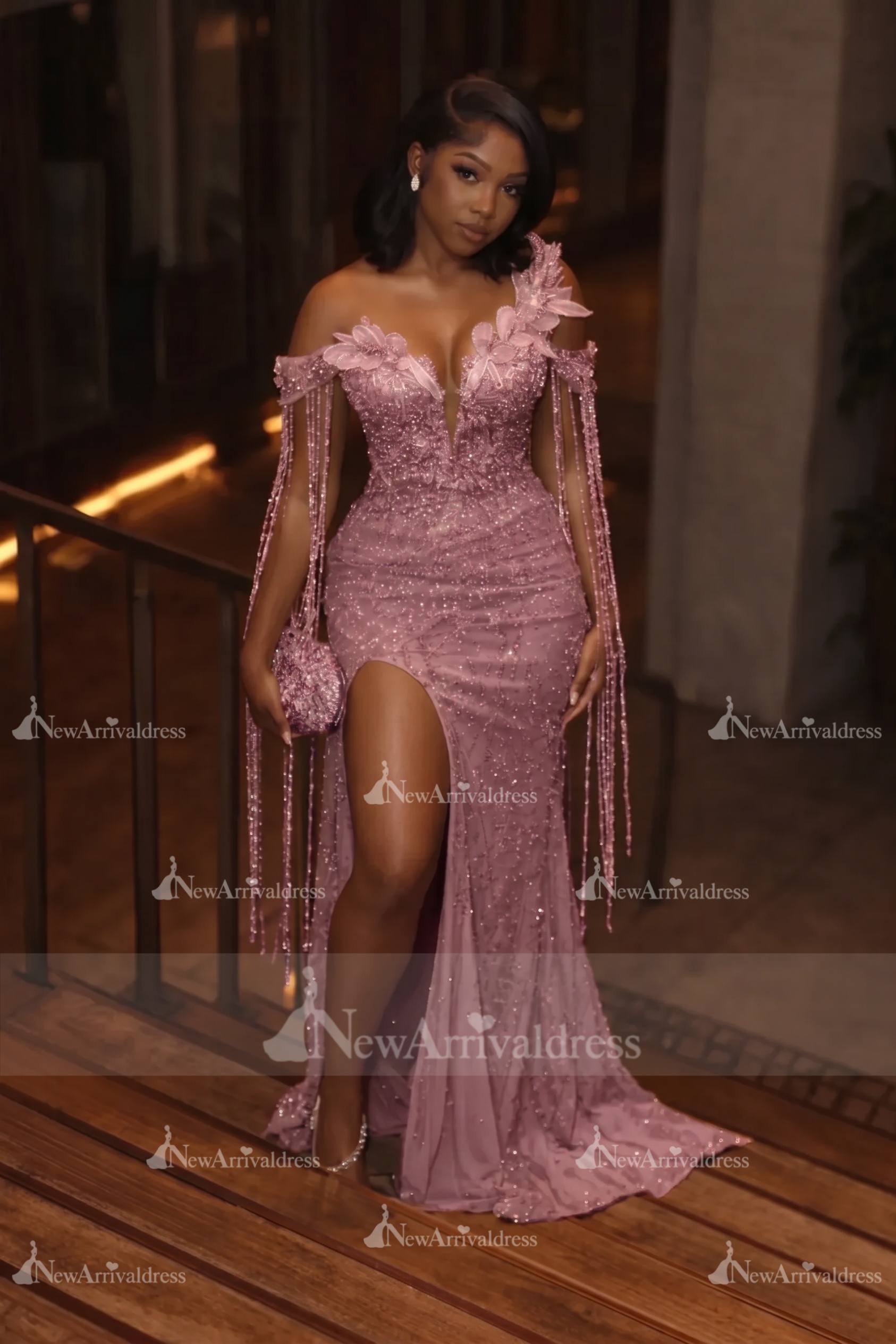 Asymmetric  Sequins Prom Dress Sleeveless Mermaid Gold Evening Gown with Tassels