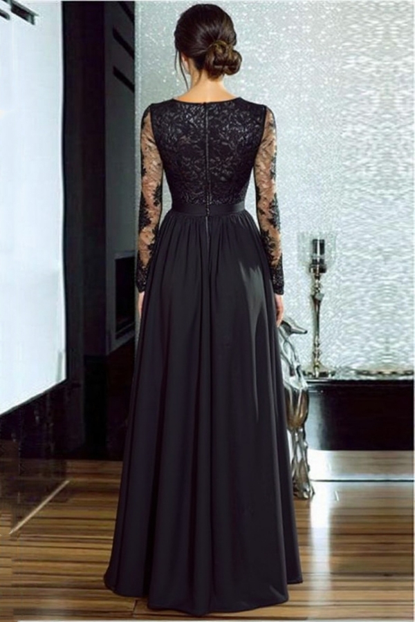 Sexy Slit Long Sleeve Formal Dress Online | Black Lace V-neck Prom Dresses FB0191-newarrivaldress
