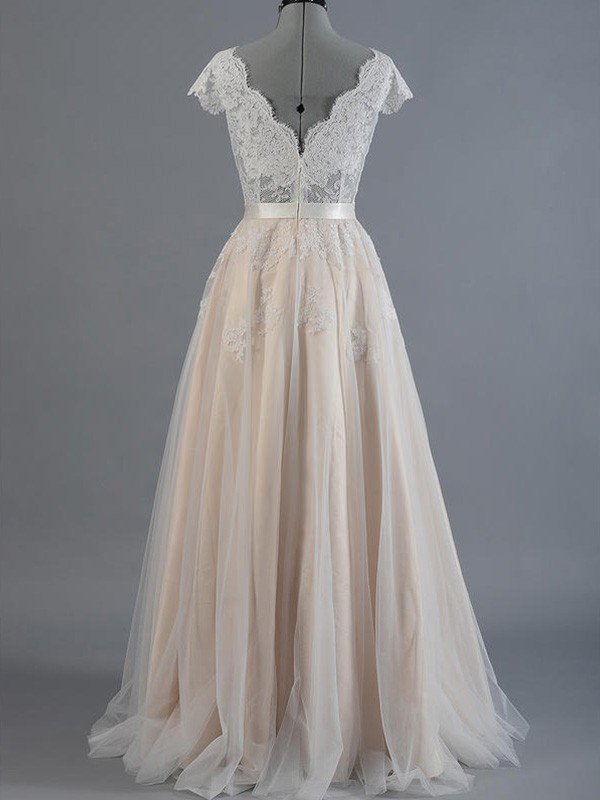 Sweep Train Sexy Sleeveless Bridal Gowns | Appliques Lace V-neck Wedding Dresses-newarrivaldress