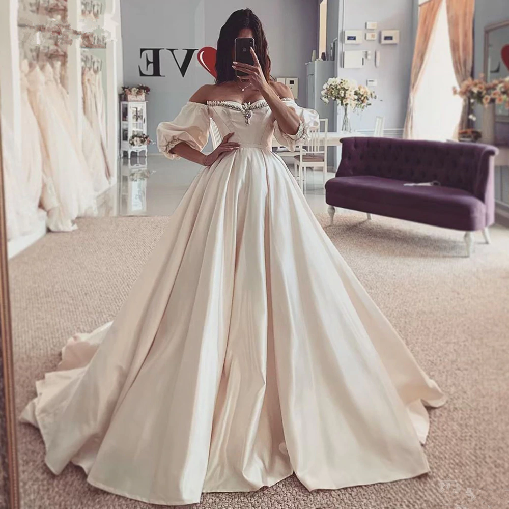 Beads Off The Shoulder Ball Gown Wedding Dresses | Short Sleeve Bridal Gowns Online-newarrivaldress