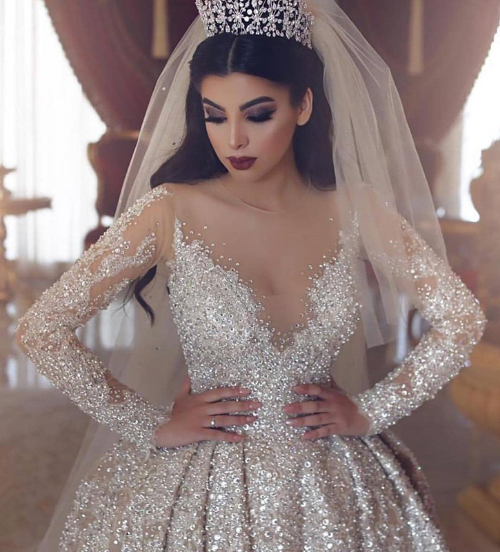 Sparkling Beads V-neck Crystal Ball Gown Wedding Dresses | Backless Sheer Tulle Long Sleeve Bridal Gowns-newarrivaldress