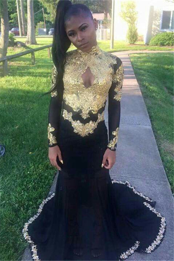 Long-Sleeve Gold-Appliques Black Sexy Mermaid Keyhole Prom Dress-newarrivaldress