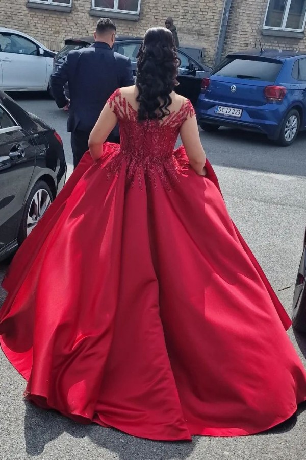 Stylish Red Off-the-Shoulder Ball Gown Glitter Appliques Satin Evening Dress-newarrivaldress