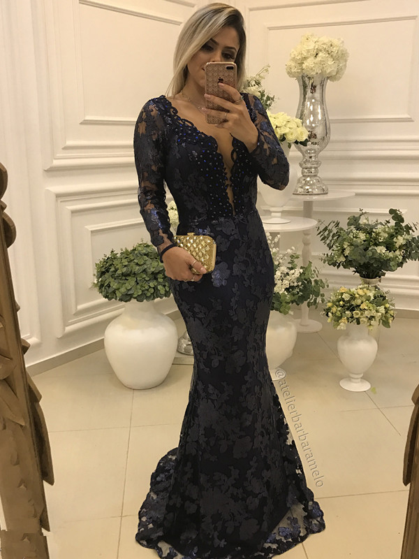 Modern Long Sleeve Mermaid V-neck Lace Zipper Mother Of Bride Dress-newarrivaldress