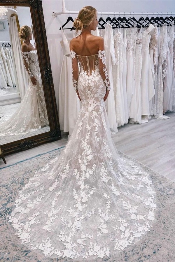 Stylish Off Shoulder Long Sleeves Floral Lace Mermaid Wedding Dress-newarrivaldress