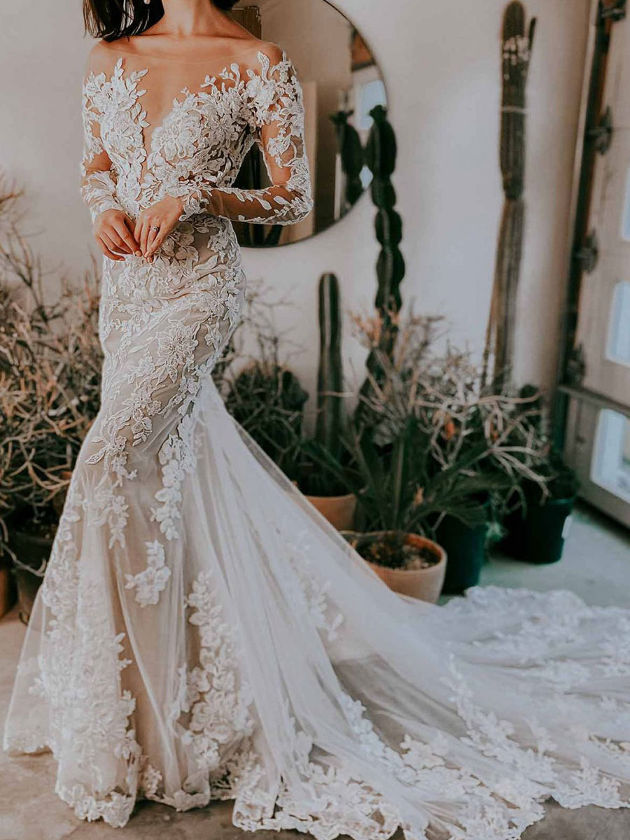 Eric White Wedding Dress Illusion Neckline Long Sleeves Backless Natural Waist Lace With Train Long Bridal Mermaid Dress-newarrivaldress