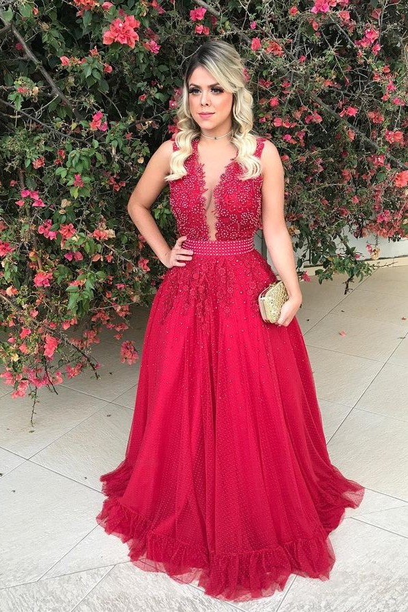 Red Sleeveless LaceEvening Dress With Beadings Long BMT BA7607-newarrivaldress