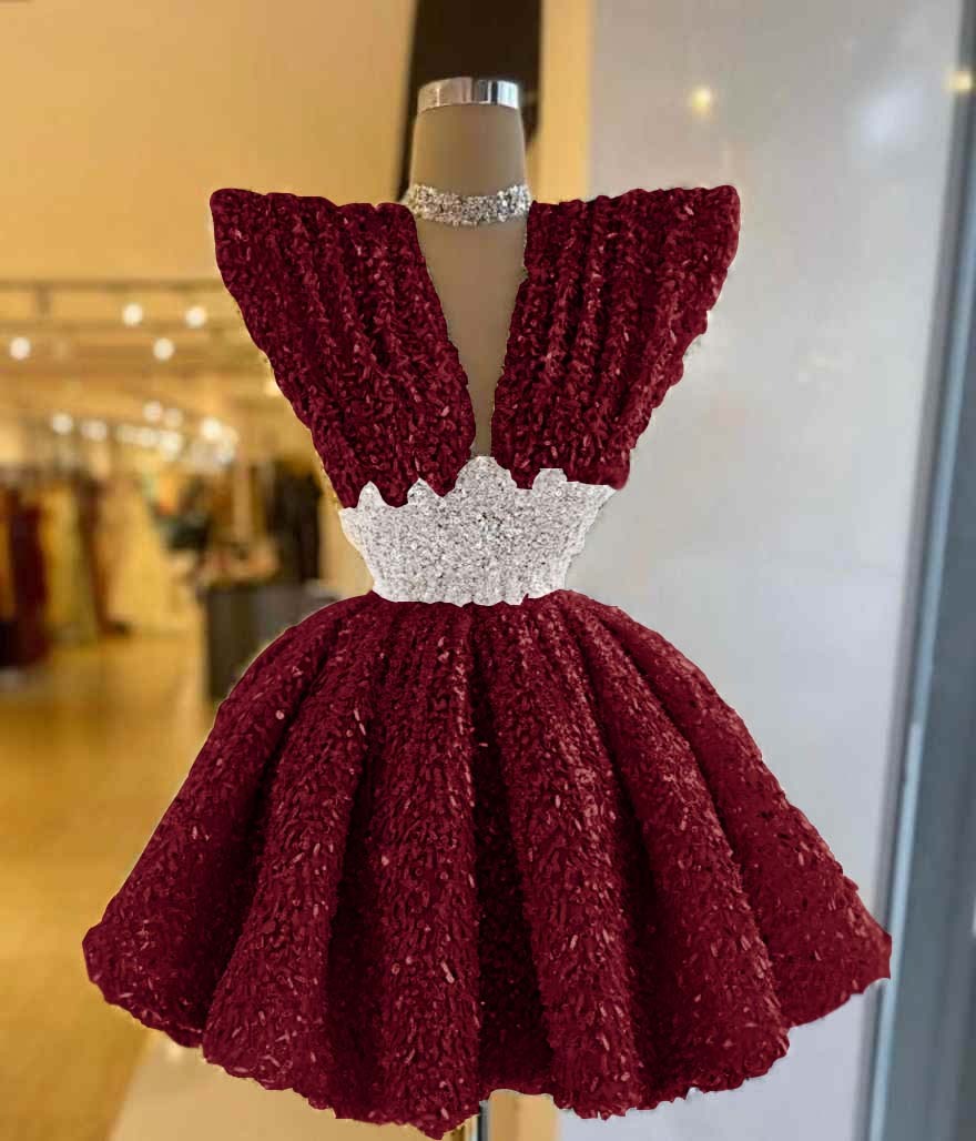 V Neck Sleeveless A Line Short Prom Dress With Pleated Sequins