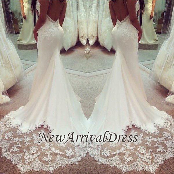 Backless Lace Appliques Custom Made Sexy Spaghetti Straps Wedding Dresses-newarrivaldress