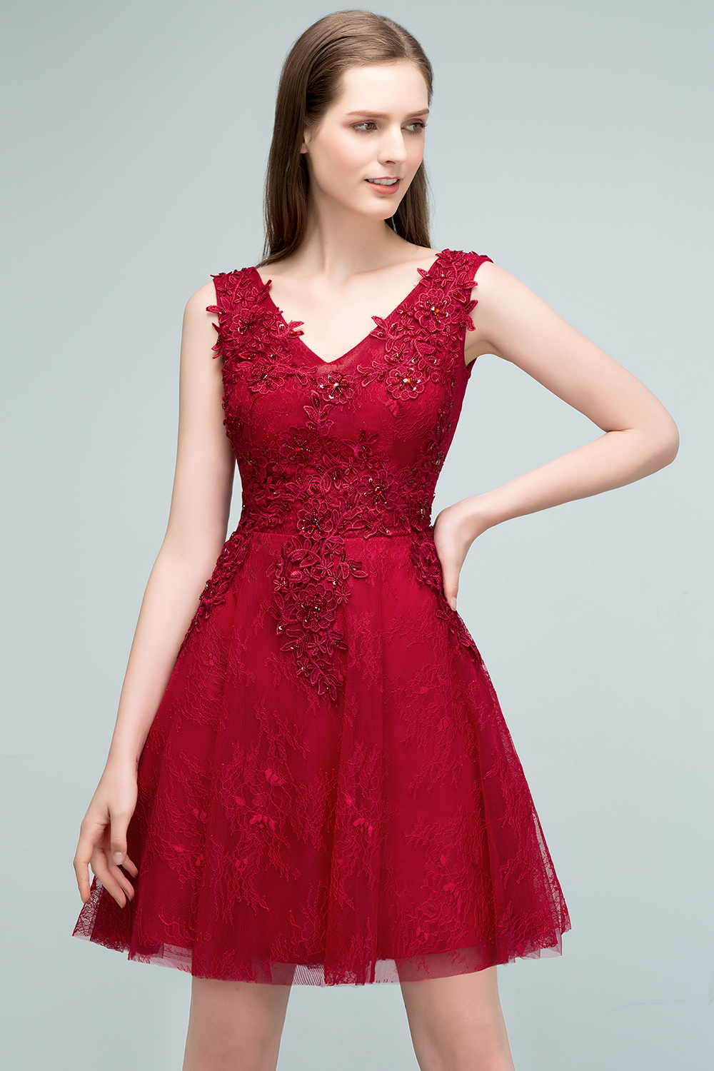 JULIA | A-line Sleeveless Short V-neck Lace Appliqued Tulle Prom Dresses-newarrivaldress
