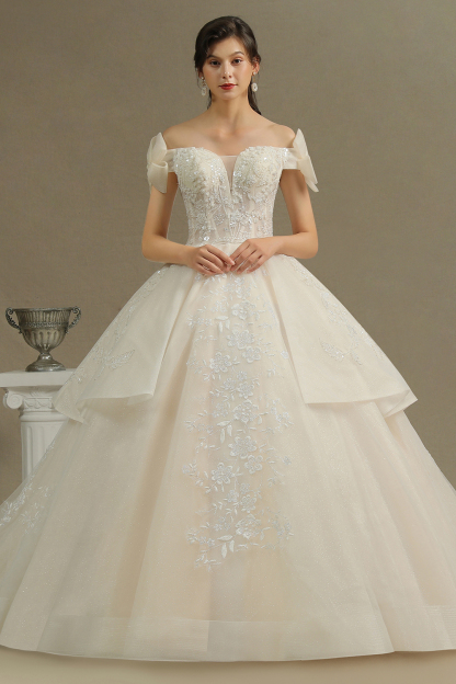 Off Shoulder Aline White Princess Bridal Gown Floor Length Lace Wedding Dress