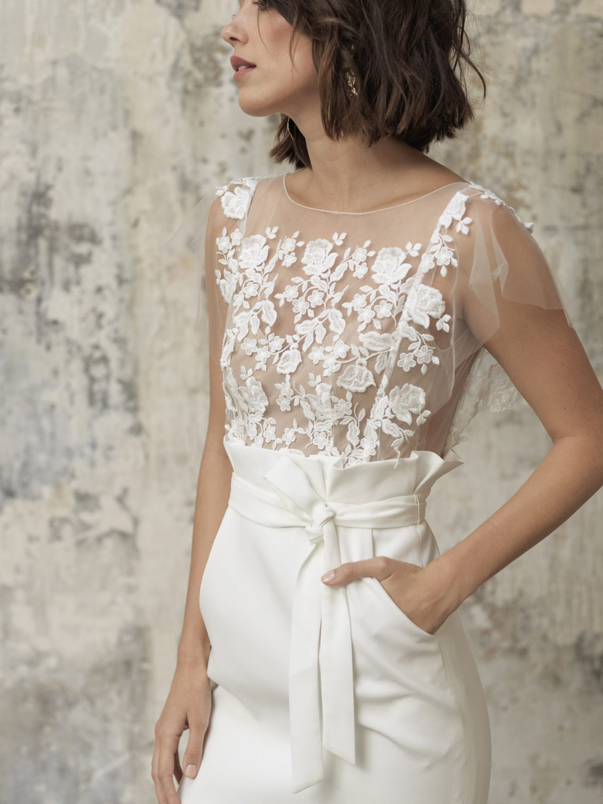 White Short Wedding Dresses Illusion Neckline Jewel Neck Short Sleeves Sheath Natural Waist Lace Bows Cut-Outs Ruffles Bridal Dresses-newarrivaldress