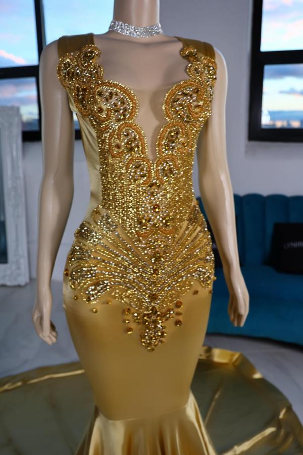 Stunning Crystals Mermaid Prom Dress V-Neck Long Sleeves Satin Bodycon Party Dress-newarrivaldress