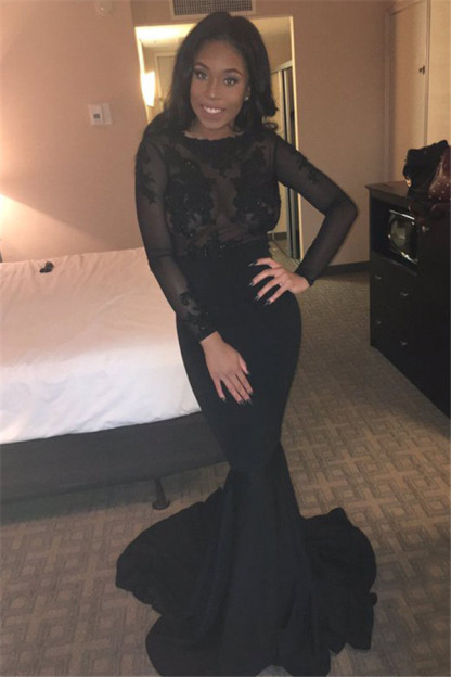 Backless Long-Sleeves Black Sheer Lace Mermaid Sexy Evening Gown-newarrivaldress