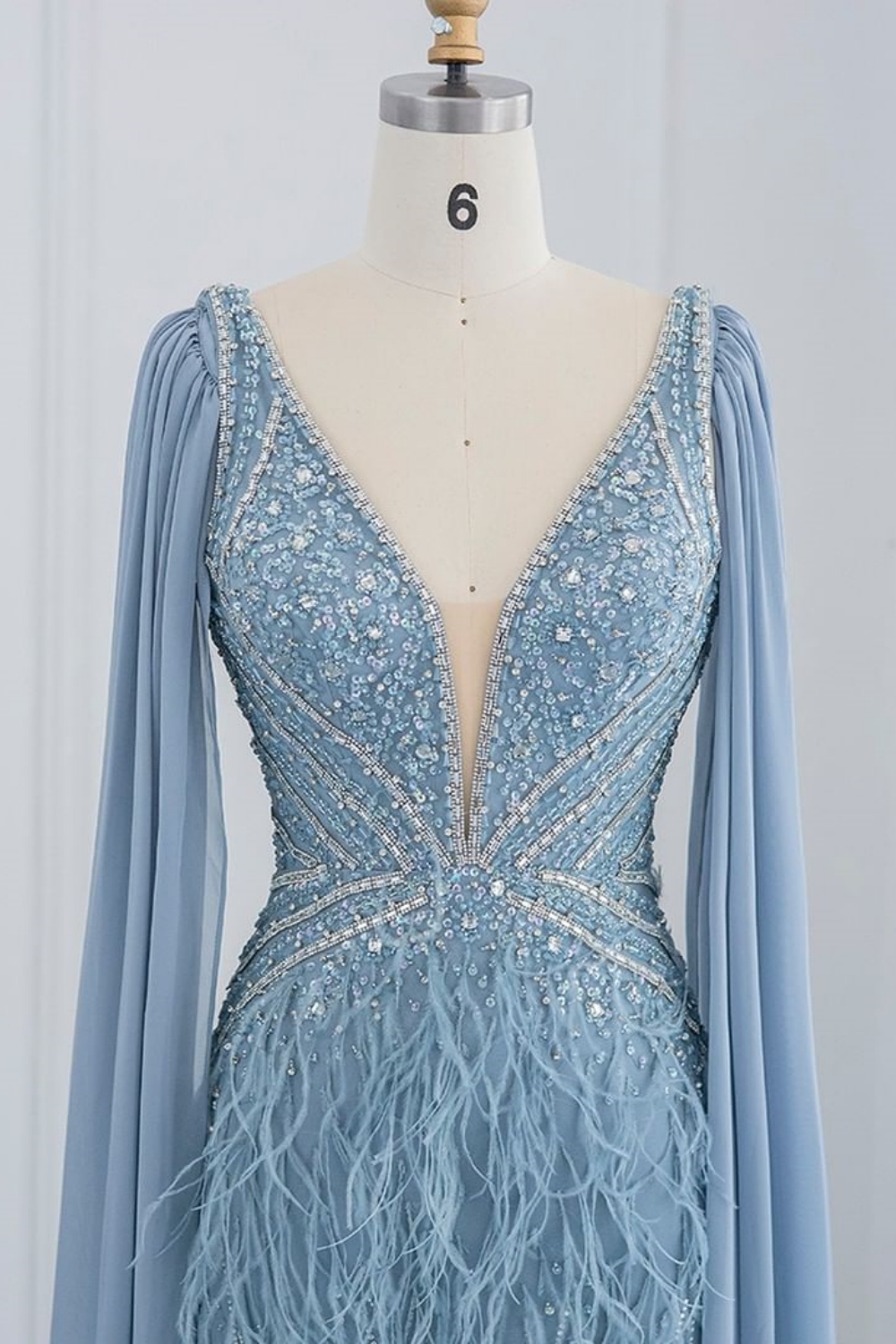 Charming Sky Blue Deep V-neck Fur Mermaid Front Slit Evening Dress with Cape-newarrivaldress