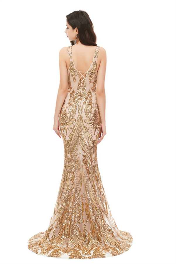 Gorgeous V-Neck Sequins Mermaid Prom Dress Sleeveless Long Evening Dress-newarrivaldress