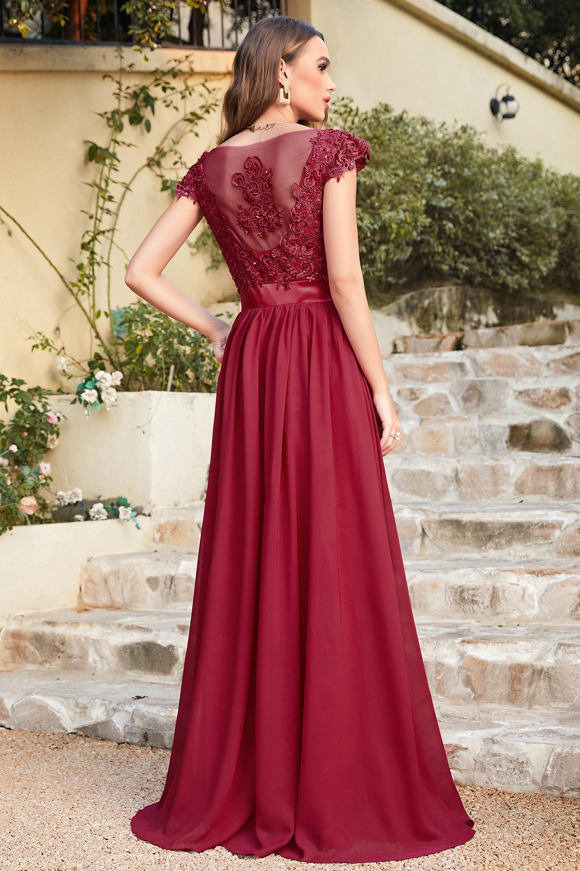 Chic Cap Sleeves Floral Lace Aline Long Evening Dresses Beadings Floor Length Chiffon Bridesmaid Dresses-newarrivaldress