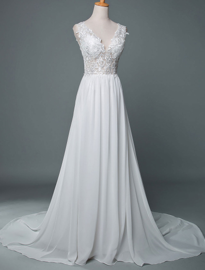 Wedding Dress V Neck Sleeveless Lace A Line Floor Length Chiffon Bridal Gowns With Train-newarrivaldress