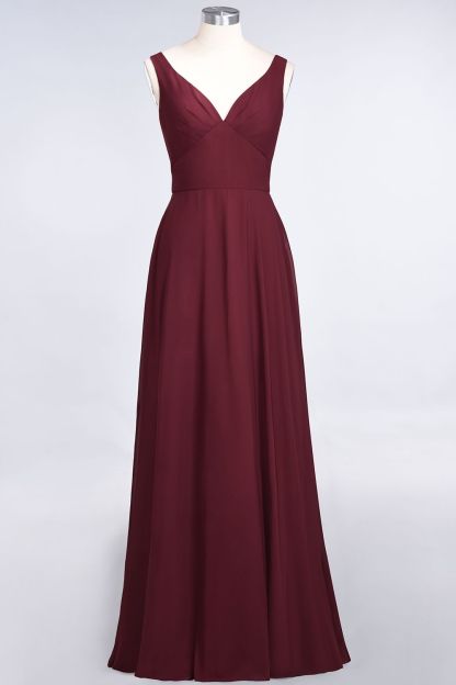 Elegant Princess Chiffon V-Neck Straps Sleeveless Ruffles Floor-Length Bridesmaid Dress with Open Back-newarrivaldress