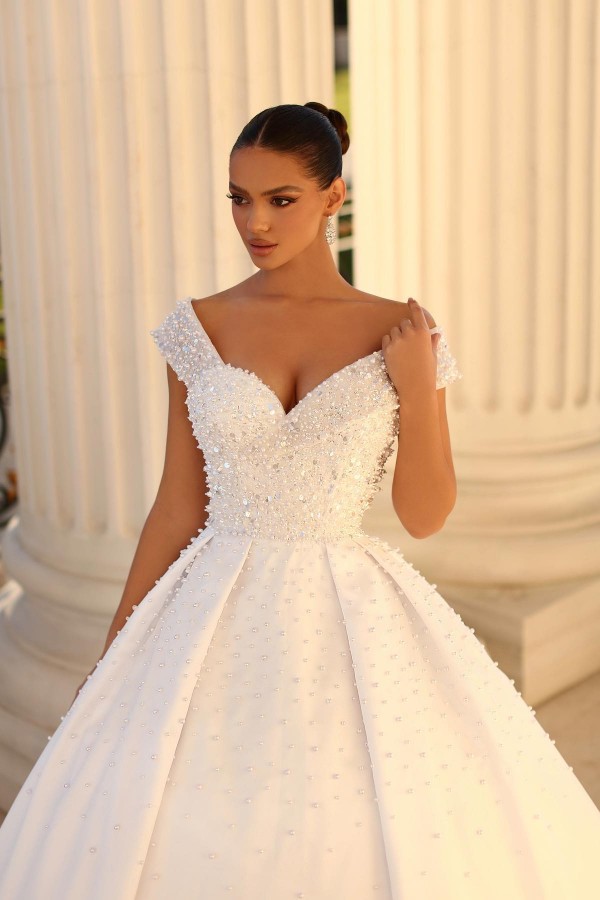 Gorgeous Off-the-Shoulder Glitter Pearls Bridal Gown Sequins A-line Ball Gown-newarrivaldress