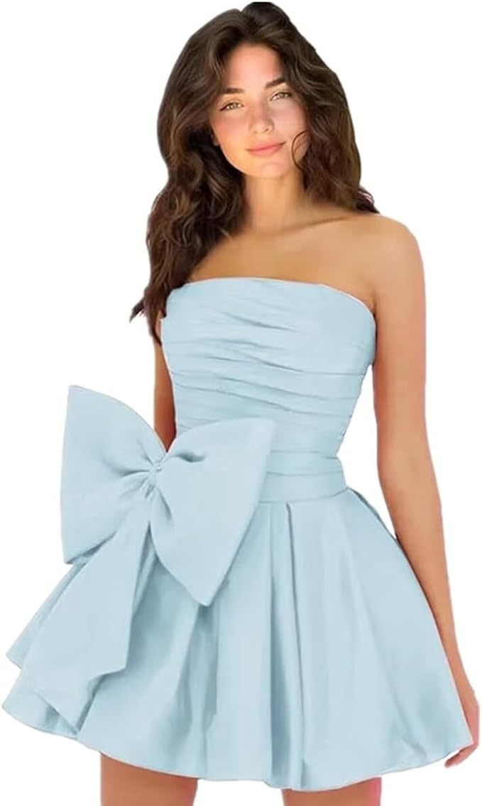 Simple Strapless Ruffle Satin Short Homecoming Dress Sleeveless Mini Party Dress with Bow-newarrivaldress