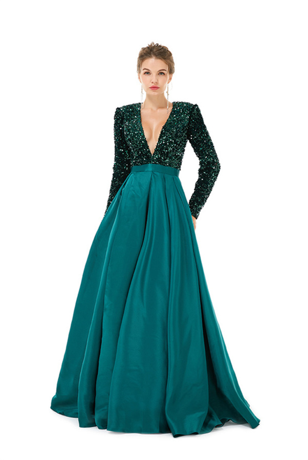 Charming Sparkly Sequins Long Evening Dress Satin Side Split Dress with Long Sleeves-newarrivaldress