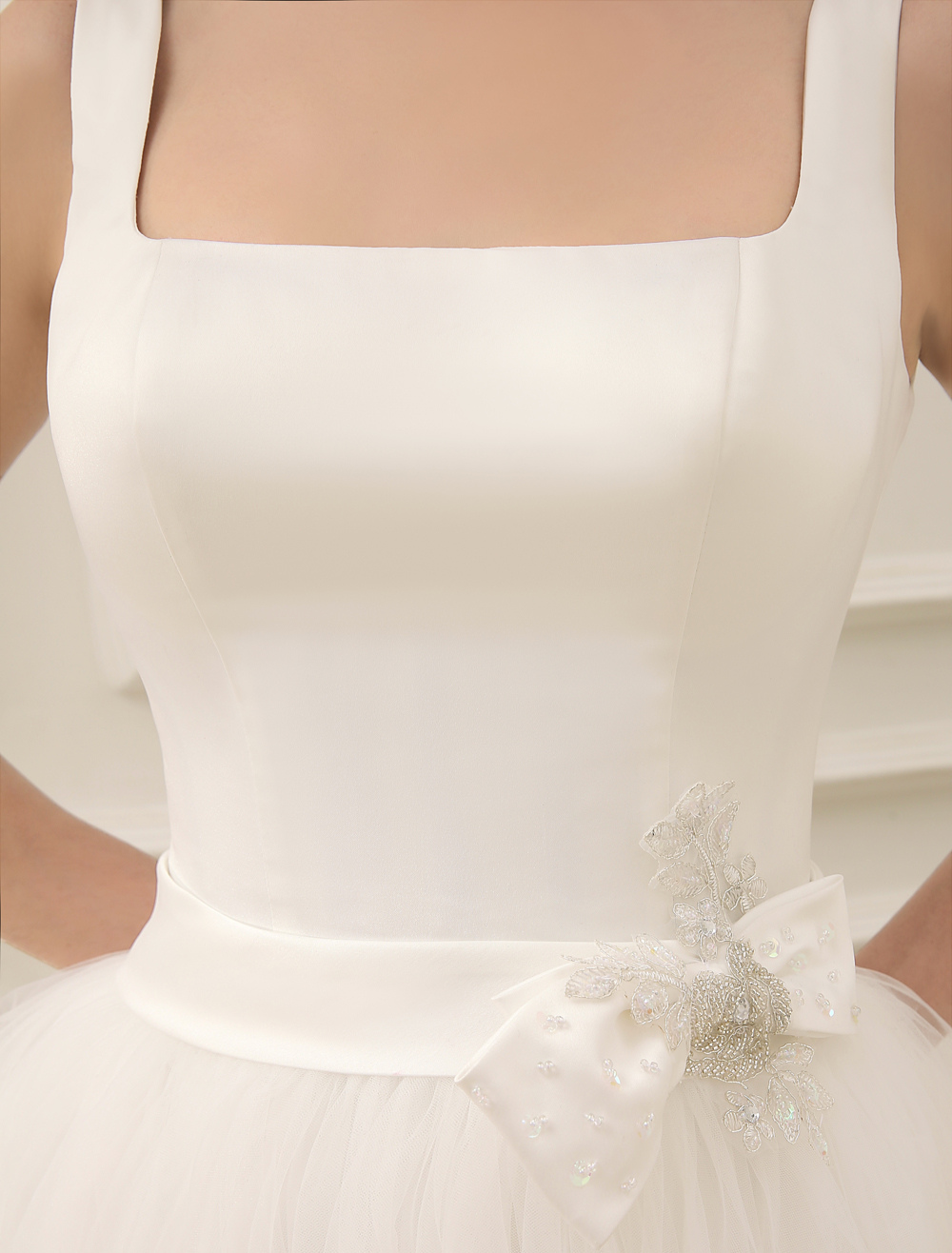 Simple Wedding Dresses Satin Square Neck Applique Short Bridal Dress With Beading Bow Sash Exclusive-newarrivaldress