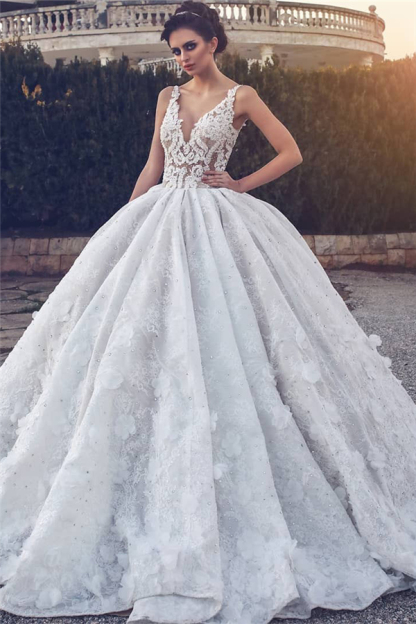 Lace Appliques Sexy Sleeveless Wedding Dresses | Princess Ball Gown V-neck Bridal Gowns-newarrivaldress
