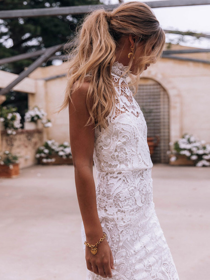 Boho Wedding Dress 2021 Sheath High Neck Sleeveless Floor Length Bridal Gown-newarrivaldress