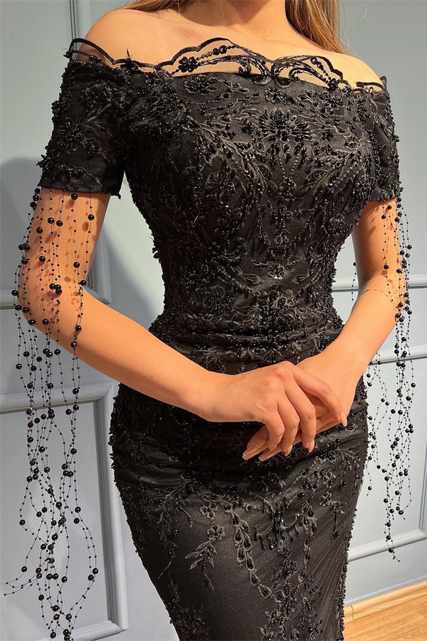 Black Off Shoulder Short sleeves Mermaid Prom Dress Floral Lace Long Evening Dress-newarrivaldress