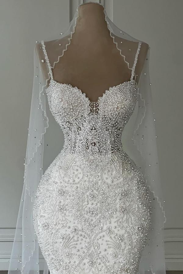 Glamorous White Spaghetti Straps Pearls Mermaid Bridal Gown Sweetheart Lace Wedding Dress-newarrivaldress