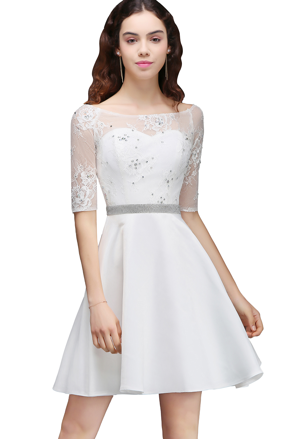 ALICIA | A Line Jewel White Short Sleeve Satin Homecoming Dresses With Lace-newarrivaldress