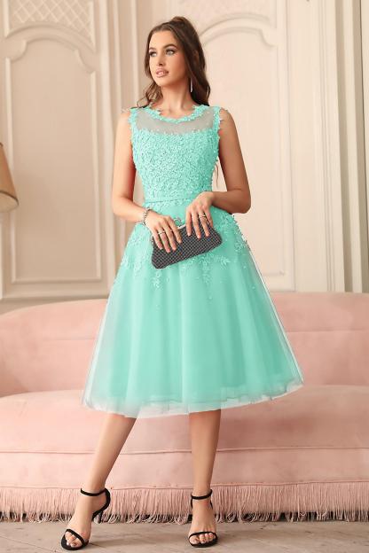 Tea-Length A-line Lace Appliques Beaded Party Dresses Sleeveless Short Homecoming Dresses-newarrivaldress